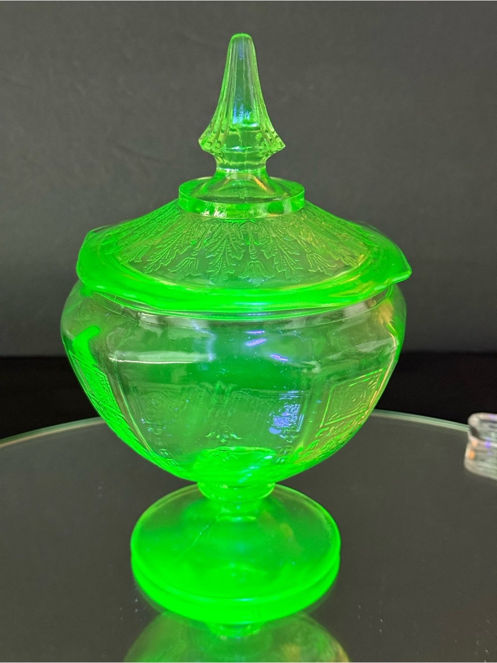 Hocking Uranium Glass Princess Pattern Covered and Footed Compote, 1931-1935.